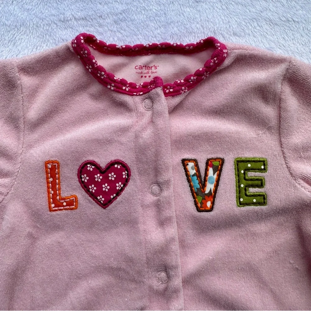 Carter’s Love Terrycloth Footed One Piece Pajamas in Light Pink - Size 9 Months